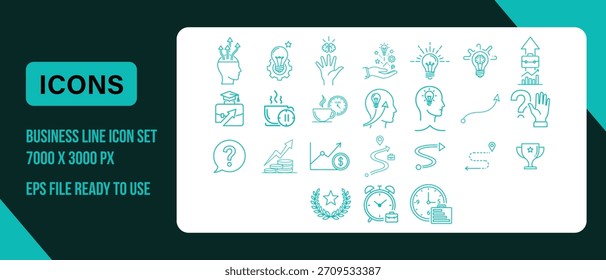 Das Icon-Set für die Geschäftsfelder umfasst Ideenprozesse, Denken, Entwicklung, Lösung, Wissen, Lernen, Bildung, Strategie, Leistung und Belohnungen.