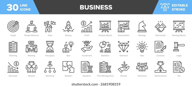 Conjunto de iconos de línea de negocio - Gestión, finanzas, inversión, Ilustración vectorial de inicio
