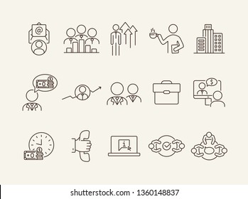 Business line icon set. Meeting, negotiation, briefcase. Dealing concept. Can be used for topics like agreement, collaboration, partnership