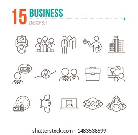 Business line icon set. Meeting, negotiation, briefcase. Dealing concept. Can be used for topics like agreement, collaboration, partnership