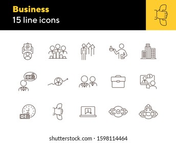 Business line icon set. Meeting, negotiation, briefcase. Dealing concept. Can be used for topics like agreement, collaboration, partnership