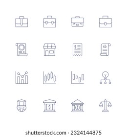 Icono de línea de negocio establecido en fondo transparente con trazo editable. Consta de maletín, factura, gráfico de barras, gestión de proyectos, banco, saldo.