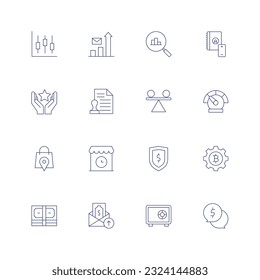 Business line icon set on transparent background with editable stroke. Containing stats, statistics, star, stamp, stability, speedometer, shopping bag, shop, shield, setting, salary, safebox, money.