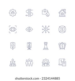 Business line icon set on transparent background with editable stroke. Containing working, workflow, work, work from home, vision, viral marketing, value chain, transparency, training, tower.