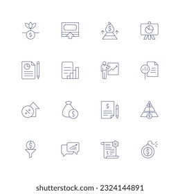 Icono de línea de negocio establecido en fondo transparente con trazo editable. Con retorno, bolsa de dinero, resultados, informe, tasa, solicitud de presupuesto, pirámide, dólar, diálogo, desarrollo, deuda.