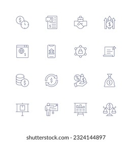 Business line icon set on transparent background with editable stroke. Containing payment, partnership, profit, online business, online banking, omni channel, notes, money, money transfer, money bag.
