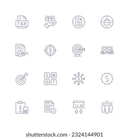 Business line icon set on transparent background with editable stroke. Containing tax, target, swot analysis, strategy, sticker, finance, vat, transfer, teamwork.