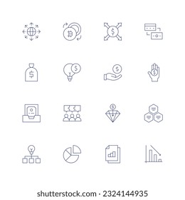 Business line icon set on transparent background with editable stroke. Containing expansion, exchange, money bag, econometrics, earnings, donation, document, discussion, diamond, diagram, data.