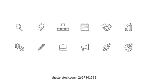 Conjunto de ícones da linha de negócios. ícones da Web em estilo de linha. Análise, ideia, contato, escritório, start-up, estratégia, contabilidade, infográfico. Ilustração vetorial