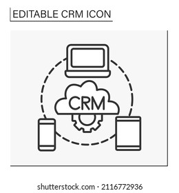  Business line icon. Sync software on devices. CRM concept. Isolated vector illustration. Editable stroke