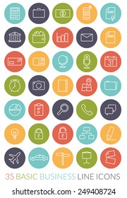 Business Line Icon Vector Set. Collection of 35 basic symbols, negative in colored circles