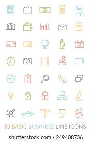Business Line Icon Vector Set. Collection of 35 basic colored symbols on white background