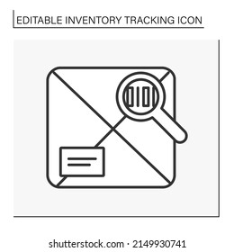  Business line icon. Viewing barcode through magnifying glass. Cargo checking. Inventory tracking concept. Isolated vector illustration. Editable stroke