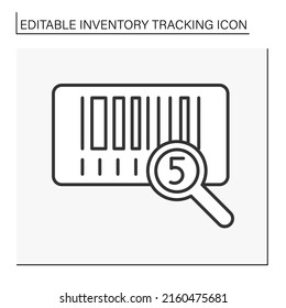  Icono de línea de negocio. Ver código de barras a través de la lupa. Concepto de seguimiento de inventario. Ilustración vectorial aislada. Trazo editable