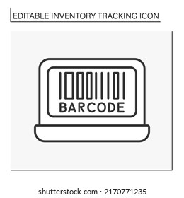  Business line icon. Viewing barcodes on the computer. Checking. Inventory tracking concept. Isolated vector illustration. Editable stroke