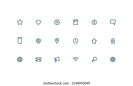 Business line icon for web. Star rating, like, location destination, mobile, setting, clock,arrow, lock,globe,mail,sound, wifi,search,goal, calendar symbol. Vector
