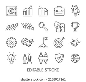 Business line icons, employee teamwork, success chart arrows, career growth, search, target and goal. Handshake, trophy, office organization vector set