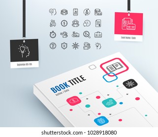 Business line icons. Group, Profile and Teamwork signs. Portfolio, Timer and Security shield symbols. Analytics and Human Management. Graph, Info and award medal. International globe. Vector
