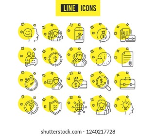 Business line icons. Group, Profile and Teamwork signs. Portfolio, Timer and Security shield symbols. Analytics and Human Management. Quality futuro design icons. Editable stroke. Vector