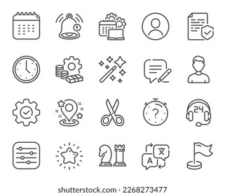 Iconos de línea de negocio. Traducción de idiomas, estrategia de ajedrez y conjunto de alertas de notificación. Captura de pantalla del perfil, lugar de ubicación e iconos anuales de la línea del calendario. Marcador de posición de Avatar, estrategia de ajedrez comercial. Vector