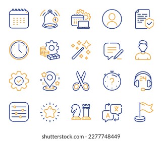 Business line icons. Language translate, Chess strategy and Notice alert set. Profile headshot, location place and annual calendar line icons. Avatar placeholder, business chess strategy. Vector