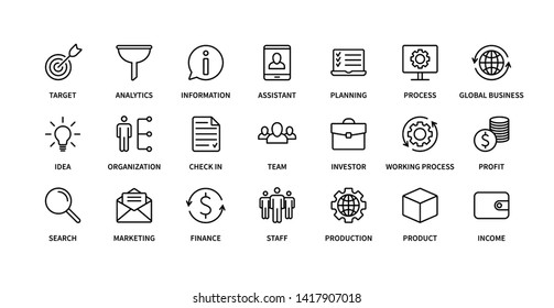 Business line icons marketing analysis global business organization product  money commerce  bank contact social media technology logistics search idea income time team investor vector symbols set
