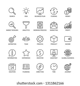 Business line icons money commerce analysis bank contact social media technology logistics search idea income marketing time team investor vector symbols set 