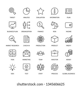  Business line icons organization product  money commerce analysis bank contact social media technology logistics search idea income marketing time team investor vector symbols set