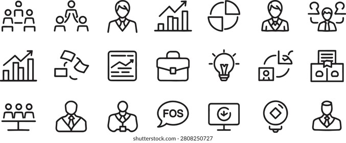 Business Line Icons Set with Analytics Charts, Communication Bubbles, Folders, Graphs and People for Corporate Concepts