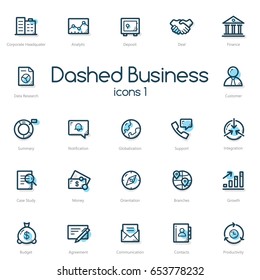 Business line icons set with blue accent isolated on light background.