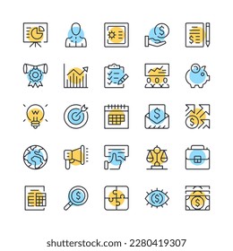 Business line icons. Set of financial icons. Black, blue and yellow colors. Modern outline graphic design. Vector line icons set