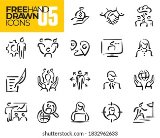 Business line icons set. Hand drawn icons. Human resources. Doodles.