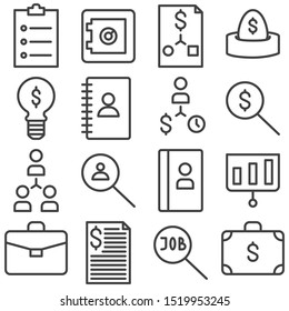 Business line icons set. linear style symbols collection, outline signs pack. vector graphics. Set includes icons as bank deposit, safe box, money case, portfolio, contact book, job search, to do list