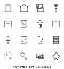 Business line icons set. linear style symbols collection, outline signs pack. vector graphics. Set includes icons as briefcase, CV resume, calendar, calculator, piggy bank, business card, award medal