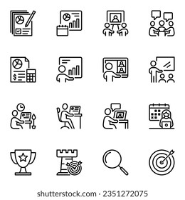 Business line icons set. organization, coworker, leadership, planning, cooperation, discussion, seminar, management, research, teamwork, accounting, meeting, presentation, strategy