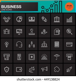 Business line icons set, outline vector symbol collection, linear pictogram pack isolated on black, pixel perfect logo illustration