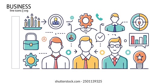 Business line icons. Team, business people, human resources, collaboration, research, meeting, partnership, support, businessman. Editable stroke. Vector illustration