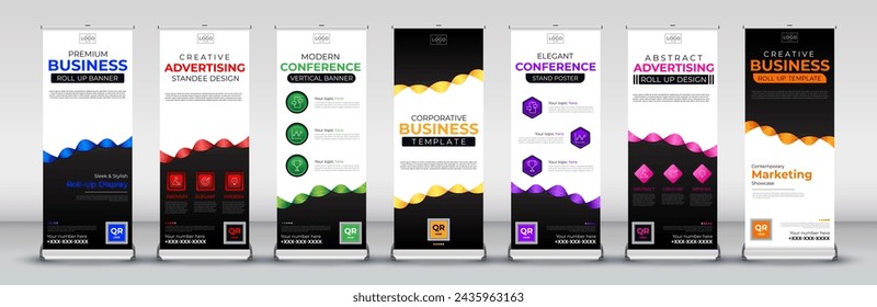 Business line roll up banner collection for events, annual meetings, presentations, marketing, promotions and brochure, covers in blue, red, green, yellow, purple, pink and orange print ready colors 