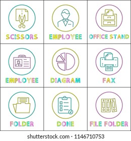 Business linear bright round icons templates set. Work program outline colorful buttons with symbols isolated cartoon vector illustrations collection.