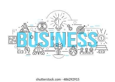 Business linear design with blue title and monochrome icons of goals and resources of organization vector illustration