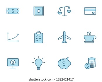 Business linear icon set in two colors isolated on white background. Business blue outline icons for web design, mobile apps, ui design and print.