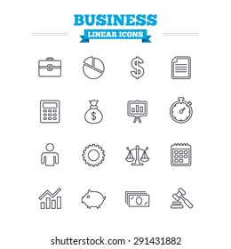 Business linear icons set. Businessman, briefcase and documents symbols. Presentation pie chart, money bag and justice scales thin outline signs. Dollar USD currency. Auction hammer. Flat vector