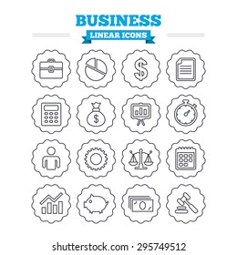 Business linear icons set. Businessman, briefcase and documents symbols. Presentation pie chart, money bag and justice scales thin outline signs. Dollar USD currency. Auction hammer. Flat vector