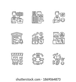 Conjunto de iconos lineales de negocio. Símbolos de contorno de línea delgada personalizables. Servicio legal y de atención al cliente. Gestión y promoción del comercio. Ilustraciones aisladas del contorno vectorial. Trazo editable