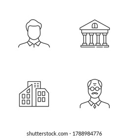 Business linear icons set. Man avatar. Middle age businessman. Bank account. Real estate. Customizable thin line contour symbols. Isolated vector outline illustrations. Editable stroke