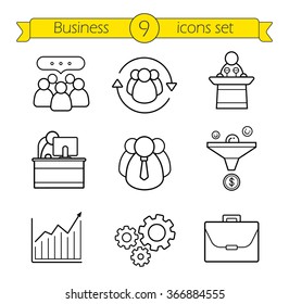 Business linear icons set. Teamwork, sales funnel and work management thin line illustrations. Growth chart, conference speaker podium and office worker symbols. Vector isolated outline drawings