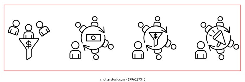 Business linear icons set,lead generation line icons set,customer acquisition, customer search, sales funnel,income