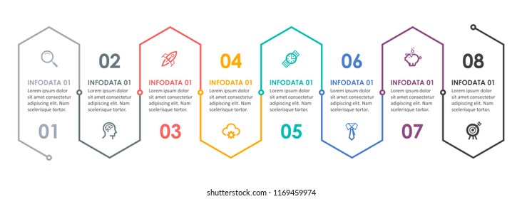 Business Linear Infographic Design Template With Icons And 8 Options Or Steps.  Can Be Used For Process Diagram, Presentations, Workflow Layout, Banner, Flow Chart, Info Graph.