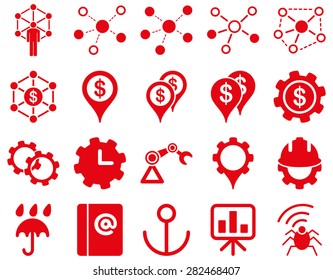 Business links and industry icon set. These flat symbols use red color. Vector images are isolated on a white background. Angles are rounded.