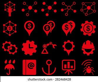 Business links and industry icon set. These flat symbols use red color. Vector images are isolated on a black background. Angles are rounded.